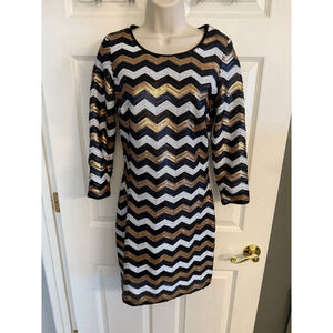 SugarLips Sequin Party Dress Size Small Lined 3/4sleeve Gold Black White